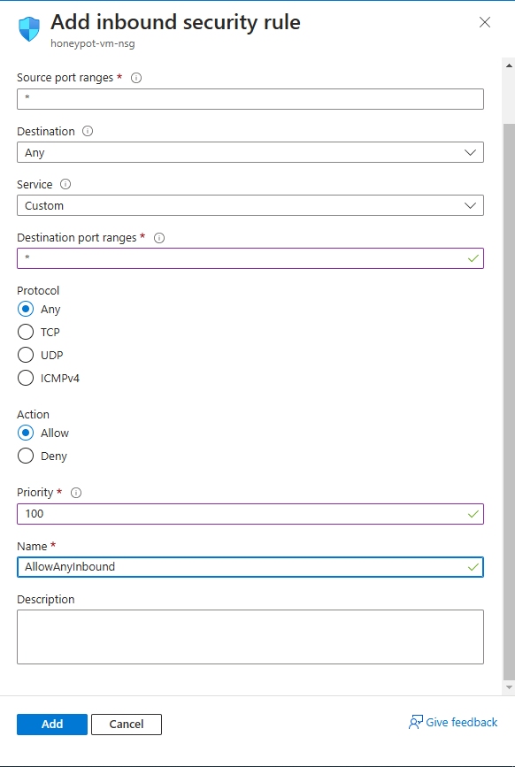 Creating an inbound rule allowing all traffic to reach the VM.