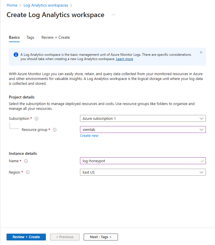 Creating a Log Analytics workspace.